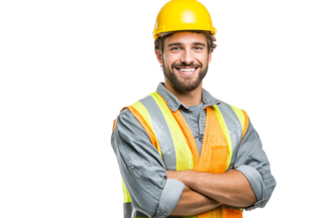Friendly construction worker in yellow helmet and safety vest smiling confidently against a white background