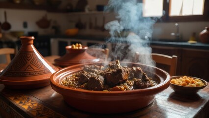 Fototapeta premium Steaming tagine on wooden table