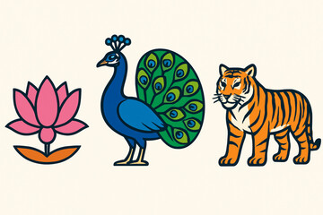 Obraz premium Vector illustration of Lotus, Peacock, Tiger