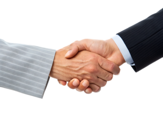 A close up shot of two business people shaking hands wearing suits on a white background in a studio