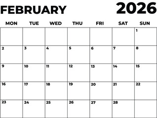 Monthly Planner February 2026, Minimalist Black and White Calendar, Monday Start Printable Calendar, Plain calendar, Dated Monthly Planner, Simple Monthly Organizer, Landscape Monthly Planner