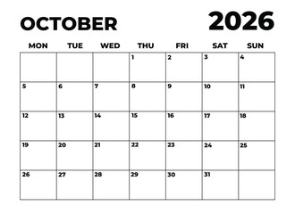 Monthly Planner October 2026, Minimalist Black and White Calendar, Monday Start Printable Calendar, Plain calendar, Dated Monthly Planner, Simple Monthly Organizer, Landscape Monthly Planner
