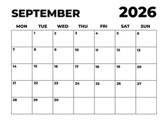 Monthly Planner September 2026, Minimalist Black and White Calendar, Monday Start Printable Calendar, Plain calendar, Dated Monthly Planner, Simple Monthly Organizer, Landscape Monthly Planner