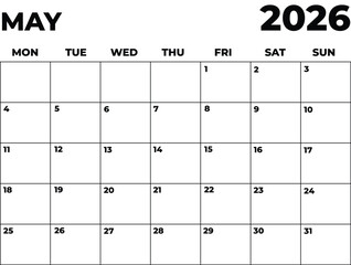 Monthly Planner May 2026, Minimalist Black and White Calendar, Monday Start Printable Calendar, Plain calendar, Dated Monthly Planner, Simple Monthly Organizer, Landscape Monthly Planner