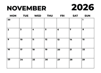 Monthly Planner November 2026, Minimalist Black and White Calendar, Monday Start Printable Calendar, Plain calendar, Dated Monthly Planner, Simple Monthly Organizer, Landscape Monthly Planner