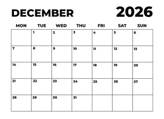 Monthly Planner December 2026, Minimalist Black and White Calendar, Monday Start Printable Calendar, Plain calendar, Dated Monthly Planner, Simple Monthly Organizer, Landscape Monthly Planner