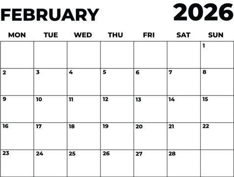 Monthly Planner February 2026, Minimalist Black and White Calendar, Monday Start Printable Calendar, Plain calendar, Dated Monthly Planner, Simple Monthly Organizer, Landscape Monthly Planner