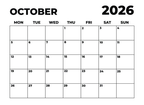 Monthly Planner October 2026, Minimalist Black and White Calendar, Monday Start Printable Calendar, Plain calendar, Dated Monthly Planner, Simple Monthly Organizer, Landscape Monthly Planner