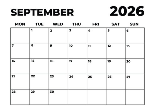 Monthly Planner September 2026, Minimalist Black and White Calendar, Monday Start Printable Calendar, Plain calendar, Dated Monthly Planner, Simple Monthly Organizer, Landscape Monthly Planner