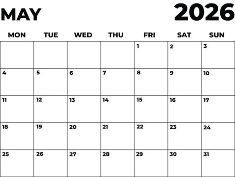 Monthly Planner May 2026, Minimalist Black and White Calendar, Monday Start Printable Calendar, Plain calendar, Dated Monthly Planner, Simple Monthly Organizer, Landscape Monthly Planner