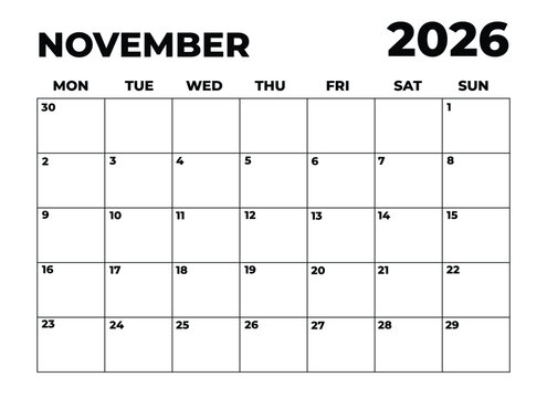 Monthly Planner November 2026, Minimalist Black and White Calendar, Monday Start Printable Calendar, Plain calendar, Dated Monthly Planner, Simple Monthly Organizer, Landscape Monthly Planner