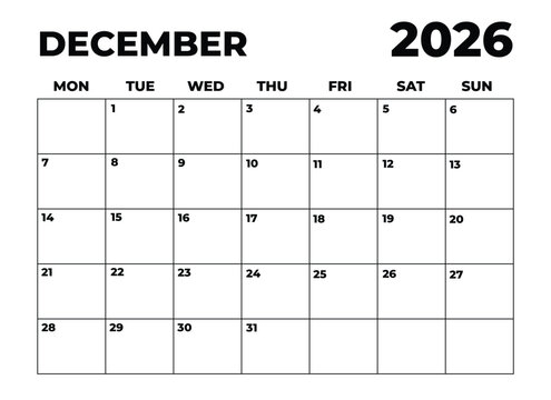 Monthly Planner December 2026, Minimalist Black and White Calendar, Monday Start Printable Calendar, Plain calendar, Dated Monthly Planner, Simple Monthly Organizer, Landscape Monthly Planner