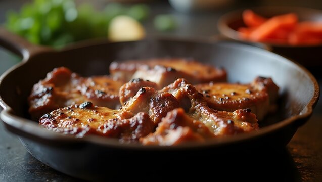 Seared Pork Chops Sizzling in a Cast-Iron Skillet, Juicy Glazed Pork Chops Cooking in a Hot Pan, Golden Brown Pork Chops with a Peppercorn Crust, Close-Up of Deliciously Seared Meat in Rustic Pan