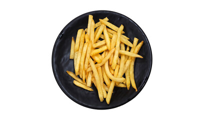 Crispy french fries on black plate isolated