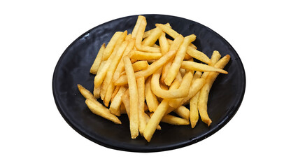 Golden crispy french fries served on a black plate, isolated on white background, perfect as a snack or side dish