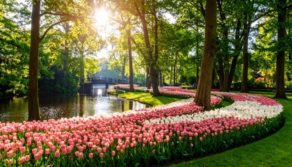 Colorful tulip garden path by a canal