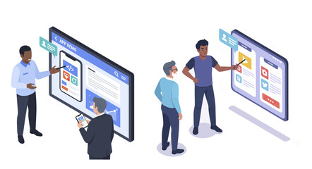 Isometric Illustration of App Presentations to Diverse Clients.