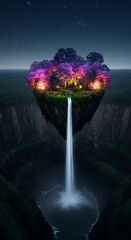 Floating Island with Luminous Trees and Waterfall at Night