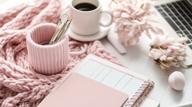 Remote work lifestyle flatlay with pastel pink desk accessories, open planner, and soft natural lighting - Powered by Adobe