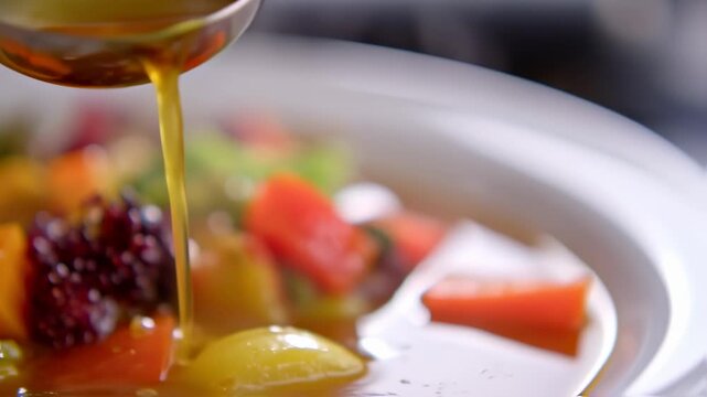 Pouring savory broth over fresh autumn salad in gourmet food preparation close-up