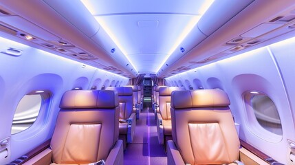 Fototapeta premium Modern Aircraft Cabins: Spacious Interiors with Ergonomic Seats, Ambient Lighting, and In-Flight Entertainment Systems, Featuring Economy, Business, and First-Class Layouts, Ideal for Aviation Photogr