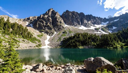 A serene alpine lake nestled amidst rugged, snow-patched mountains reflects the clear blue sky.