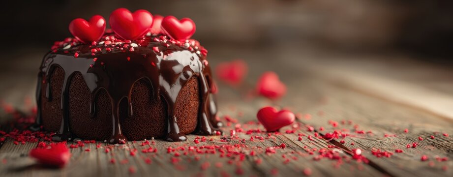 The delicious chocolate cake with heart decorations for romantic celebrations.