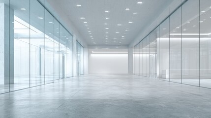 Modern Empty Office Interior with Glass Walls, Polished Concrete Floors, and Bright Ceiling Lights