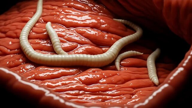 Tapeworm moving inside human intestine medical animation. 4K Video