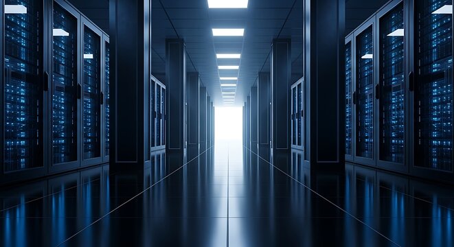 Modern server room with rows of computer racks, illuminated by ceiling lights, representing data storage and advanced technology infrastructure