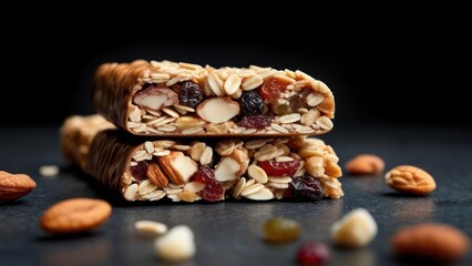 Two granola bars stacked, sliced open, showing mixed nuts, seeds, and dried fruit