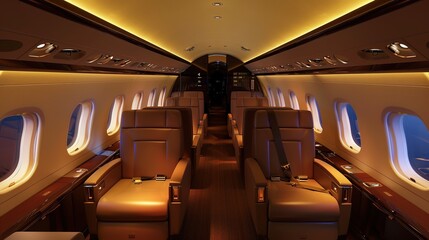 Fototapeta premium Modern Aircraft Cabins: Spacious Interiors with Ergonomic Seats, Ambient Lighting, and In-Flight Entertainment Systems, Featuring Economy, Business, and First-Class Layouts, Ideal for Aviation Photogr