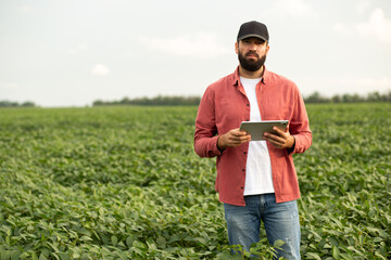 Young modern agronomist holding a tablet standing in a green soybean field, looking confidently at the camera, representing sustainable agriculture, crop monitoring, and precision farming