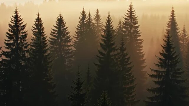 Golden light through the forest, a serene moment in natural beauty, a mesmerizing view of evergreen tree