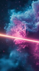 Obraz premium Cosmic energy beam crosses vibrant nebula clouds with small bright particles scattered through the deep dark expanse.