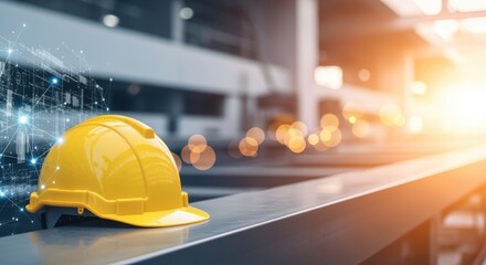 Yellow Hard Hat Symbolizing Safety and Progress in Construction with Technological Integration and a Bright Future