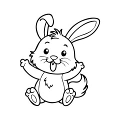 Happy Waving Bunny Rabbit Coloring Page Black and White Line Art Vector