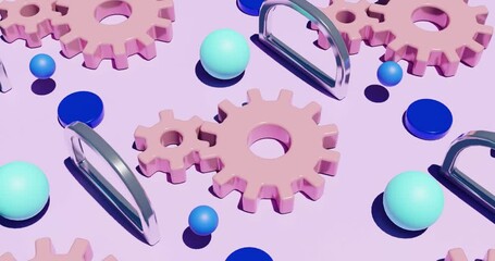 Gears on pink background. 3d rebder video.
