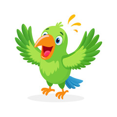 Excited Happy Green Parrot Bird Waving Wings Cartoon Vector Mascot