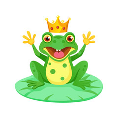 Happy Frog Prince with Golden Crown on Lily Pad Waving Cartoon Vector