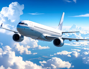 Obraz premium Realistic white commercial airplane flying on sky background.
