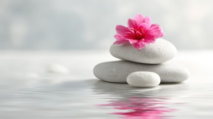 Zen Stones with Pink Flower in Serene Water Reflection for Spa and Wellness Concepts