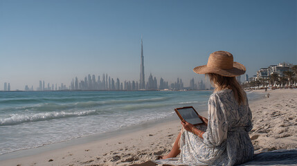 Woman reading on beach in dubai with burj khalifa skyline for travel and vacation inspiration ideas