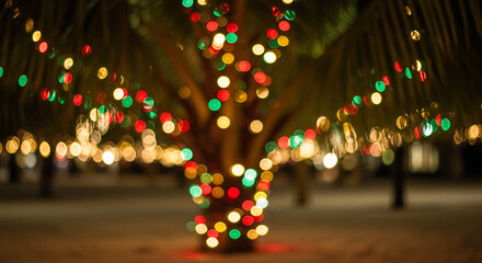 A palm tree trunk is decorated with colorful Christmas lights creating a festive, blurred bokeh effect at night.