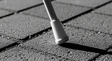 Closeup of a white cane tip on a textured pavement, casting a shadow