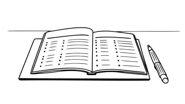 An open book with lines and dots on each page next to a pen on a surface in black and white style