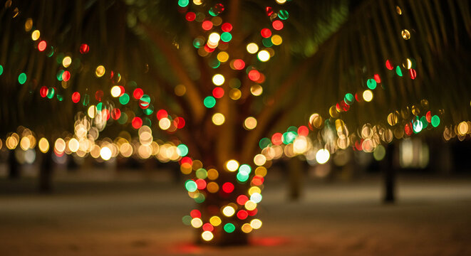 A palm tree trunk is decorated with colorful Christmas lights creating a festive, blurred bokeh effect at night. - Powered by Adobe