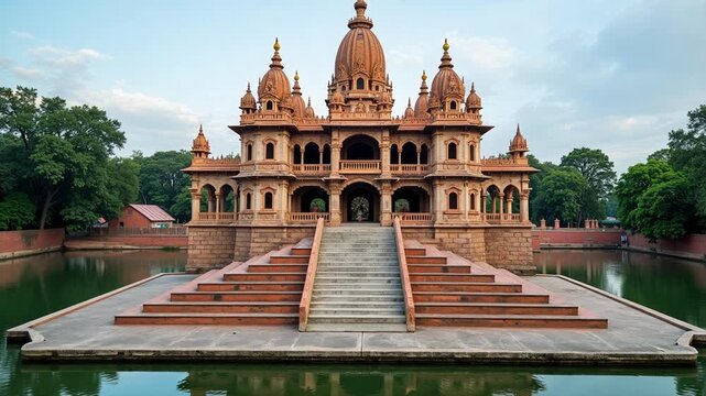 Aerial View of Dakshineswar Kali Temple with Nine Spires and Sacred Bathing Steps by Hooghly River | 4K Spiritual Landmark Footage