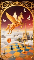 A fantastical chessboard scene in Paris at sunset with a regal golden chimera soaring above,