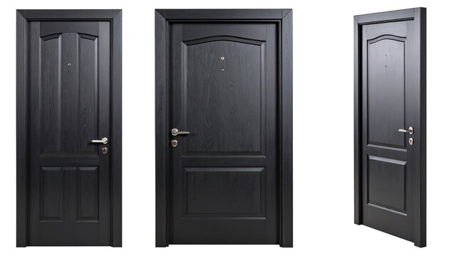 Three dark wood doors shown from different angles against a white background